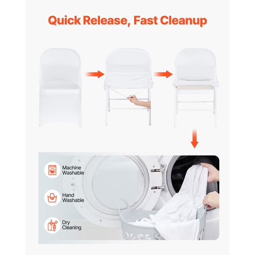 VEVOR 150 τεμάχια λευκά καλύμματα καρέκλας, κάλυμμα καρέκλας από πολυεστέρα και σπάντεξ, ελαστικά καλύμματα για γάμο, πάρτι, τραπεζαρία, δεξιώσεις, καλύμματα καρέκλας με επίπεδη πρόσοψη, κατάλληλα για καρέκλα. Διαστάσεις έως 17,72 x 18,11 x 30,31 ίντσες.