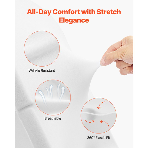 VEVOR 30 τεμάχια λευκά καλύμματα καρέκλας, κάλυμμα καρέκλας από πολυεστέρα και σπάντεξ, ελαστικά καλύμματα για γάμο, πάρτι, τραπεζαρία, δεξιώσεις, καλύμματα καρέκλας με επίπεδη πρόσοψη, κατάλληλα για καρέκλα. Διαστάσεις έως 18,11 x 19,69 x 33,86 ίντσες.