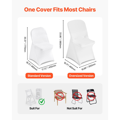 VEVOR 30 τεμάχια λευκά καλύμματα καρέκλας, κάλυμμα καρέκλας από πολυεστέρα και σπάντεξ, ελαστικά καλύμματα για γάμο, πάρτι, τραπεζαρία, δεξιώσεις, καλύμματα καρέκλας με επίπεδη πρόσοψη, κατάλληλα για καρέκλα. Διαστάσεις έως 18,11 x 19,69 x 33,86 ίντσες.