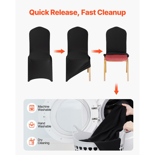 VEVOR 100 τεμάχια μαύρα καλύμματα καρέκλας, κάλυμμα καρέκλας από πολυεστέρα και σπάντεξ, ελαστικά καλύμματα για γάμο, πάρτι, τραπεζαρία, δεξιώσεις, καλύμματα καρέκλας με επίπεδη πρόσοψη, κατάλληλα για καρέκλα. Διαστάσεις έως 20,08 x 17,72 x 37,4 ίντσες.