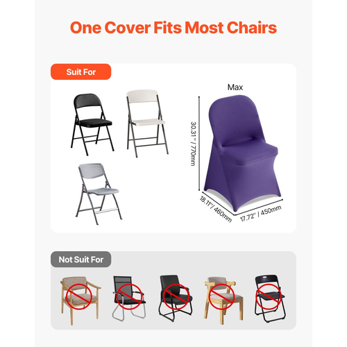 VEVOR 50 τεμάχια μωβ καλύμματα καρέκλας, κάλυμμα καρέκλας από πολυεστέρα και σπάντεξ, ελαστικά καλύμματα για γάμο, πάρτι, τραπεζαρία, δεξιώσεις, καλύμματα καρέκλας με επίπεδη πρόσοψη, κατάλληλα για καρέκλα. Διαστάσεις έως 17,72 x 18,11 x 30,31 ίντσες.