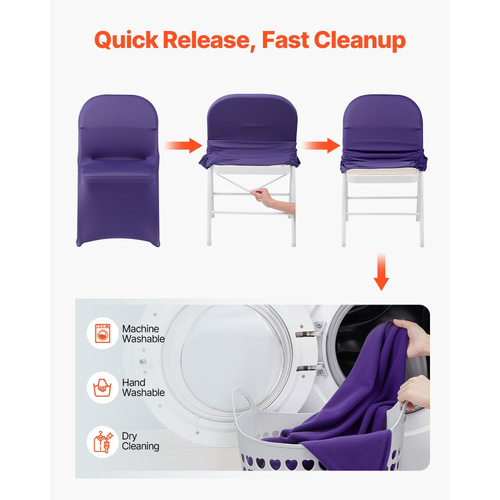 VEVOR 50 τεμάχια μωβ καλύμματα καρέκλας, κάλυμμα καρέκλας από πολυεστέρα και σπάντεξ, ελαστικά καλύμματα για γάμο, πάρτι, τραπεζαρία, δεξιώσεις, καλύμματα καρέκλας με επίπεδη πρόσοψη, κατάλληλα για καρέκλα. Διαστάσεις έως 17,72 x 18,11 x 30,31 ίντσες.