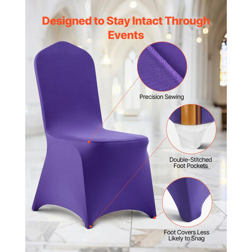 VEVOR 50 τεμάχια μωβ καλύμματα καρέκλας, κάλυμμα καρέκλας από πολυεστέρα και σπάντεξ, ελαστικά καλύμματα για γάμο, πάρτι, τραπεζαρία, δεξιώσεις, καλύμματα καρέκλας με επίπεδη πρόσοψη, κατάλληλα για καρέκλα. Διαστάσεις έως 20,08 x 17,72 x 37,4 ίντσες.