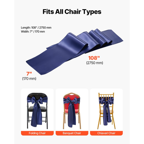 VEVOR Σατέν Καρέκλα με Φιόγκους, 50 τεμάχια Κορδέλα Καρέκλας με Δέσιμο Πίσω, 7 x 108 ίντσες, Διακόσμηση Γαμήλιας Δεξίωσης σε Μπλε Ναυτικό, για Γαμήλια Τελετή, Baby Shower, Πάρτι, Εκδηλώσεις, Διακόσμηση Καλύμματος Καρέκλας, Διακόσμηση