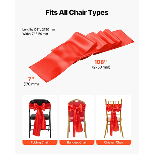 VEVOR Σατέν Καρέκλα με Φιόγκους, 100 τεμάχια Κορδέλα Καρέκλας με Δέσιμο Πίσω Κορδέλας, 7 x 108 ίντσες, Κόκκινη Διακόσμηση Γαμήλιας Δεξίωσης, για Γαμήλια Τελετή, Baby Shower, Πάρτι, Εκδηλώσεις, Διακόσμηση Καλύμματος Καρέκλας, Διακόσμηση