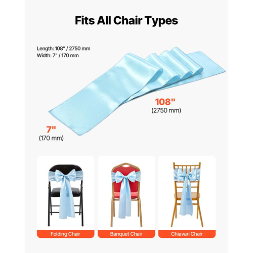 VEVOR Σατέν Καρέκλα με Φιόγκους, 100 τεμάχια Κορδέλα Καρέκλας με Δέσιμο Πίσω, 7 x 108 ίντσες, Ανοιχτό Μπλε Διακόσμηση Γαμήλιας Δεξίωσης, για Γαμήλια Τελετή, Baby Shower, Πάρτι, Εκδηλώσεις, Διακόσμηση Καλύμματος Καρέκλας,