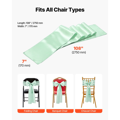 VEVOR Σατέν Καρέκλα με Φιόγκους, 100 τεμάχια Κορδέλα Καρέκλας με Δέσιμο Πίσω, 7 x 108 ίντσες, Ανοιχτό Πράσινο Διακόσμηση Γαμήλιας Δεξίωσης, για Γαμήλια Τελετή, Baby Shower, Πάρτι, Εκδηλώσεις, Διακόσμηση Καλύμματος Καρέκλας, Διακόσμηση