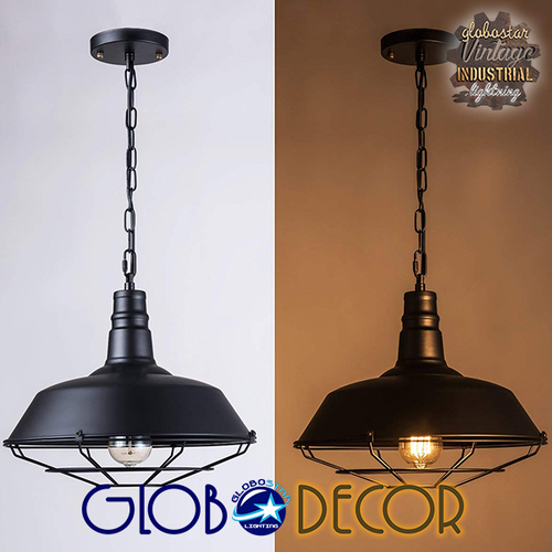 GLOBOSTAR® RAY 01048 Vintage Κρεμαστό Φωτιστικό Οροφής με Ντουί 1 x E27 AC 220-240V IP20 - Μαύρο - Μ46 x Π46 x Υ25cm
