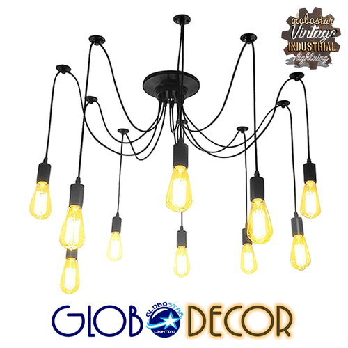 GLOBOSTAR® WIRED 01173 Vintage Κρεμαστό Φωτιστικό Οροφής με Ντουί 10 x E27 AC 220-240V IP20 - Μαύρο - Μ200 x Π200 x Υ100cm