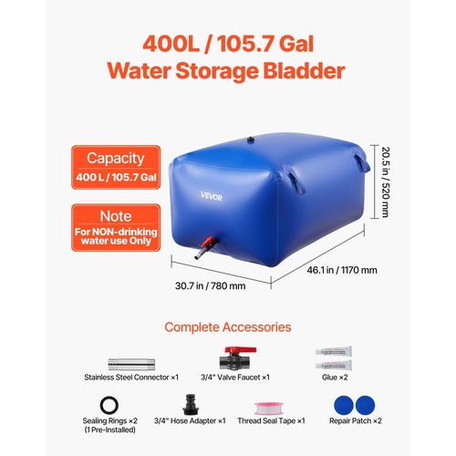 Κύστη αποθήκευσης νερού VEVOR 400L μεγάλης χωρητικότητας, τσάντα νερού, φορητό & πτυσσόμενο δοχείο μαλακού νερού, στεγανή & ανθεκτική σε σχίσιμο δεξαμενή αποθήκευσης νερού έκτακτης ανάγκης από PVC για τροχόσπιτα & εξωτερική χρήση