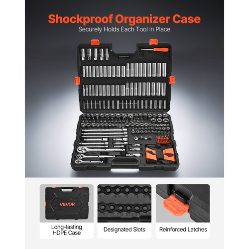Σετ καρυδάκια VEVOR, 225 τεμάχια, σετ καρυδάκια και καστάνιας 9,5 & 6,4 & 12,7 mm, SAE και μετρικά, βαθιά και ρηχά, κιτ εργαλείων μηχανικού με μύτες, αξεσουάρ, θήκη αποθήκευσης, κράμα χάλυβα CR-V, για επισκευή