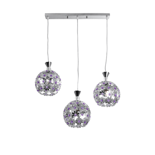 GLOBOSTAR® BOUQUET 01249 Μοντέρνο Κρεμαστό Φωτιστικό Οροφής με Ντουί 3 x E27 AC 220-240V IP20 - Ασημί & Μωβ - Μ66 x Π18 x Υ24cm