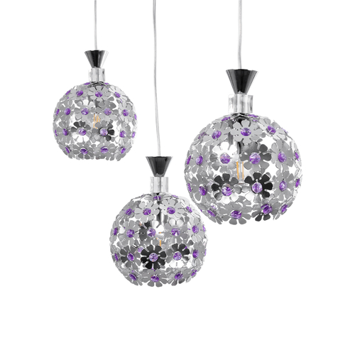 GLOBOSTAR® BOUQUET 01249 Μοντέρνο Κρεμαστό Φωτιστικό Οροφής με Ντουί 3 x E27 AC 220-240V IP20 - Ασημί & Μωβ - Μ66 x Π18 x Υ24cm