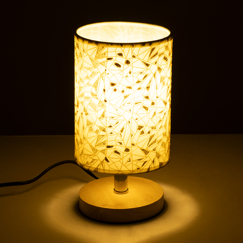 GloboStar® MOSAIC 01262 Κλασικό Επιτραπέζιο Φωτιστικό Πορτατίφ Μονόφωτο 1 x E27 IP20 Μπεζ Ξύλο με Μπεζ & Χρυσό Ύφασμα - Μ14 x Π14 x Υ26cm