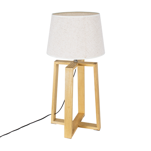 GloboStar® SQUID 01265 Μοντέρνο Επιτραπέζιο Φωτιστικό Πορτατίφ Μονόφωτο 1 x E27 IP20 Μπεζ Ξύλο με Μπεζ Ύφασμα - Μ30 x Π30 x Υ63cm
