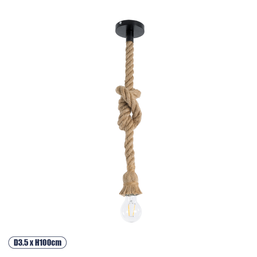 GLOBOSTAR® ROPE 01278 Vintage Κρεμαστό Φωτιστικό Οροφής με Ντουί 1 x E27 AC 220-240V IP20 - Μπεζ - Μ3.5 x Π3.5 x Y100cm