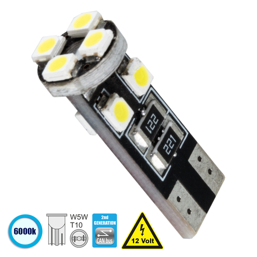 GLOBOSTAR® W5W-T10 81119 Λάμπα W5W T10 CANbus LED 2W 250lm 360° DC 12V IP20 Ψυχρό Λευκό 6000K - 8 x Epistar SMD1210 Chip - Μ1 x Π1 x Υ2.5cm - 1 Χρόνο Εγγύηση