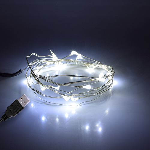 GLOBOSTAR® STRINGLIGHT 79730 Γιρλάντα 2m 20 LED 1.2W 96lm 360° DC 5V με USB 2.0 IP20 Ψυχρό Λευκό 6000Κ Dimmable - Ασημί - Μ200 x Π0.6 x Υ0.6cm - 1 Χρόνο Εγγύηση