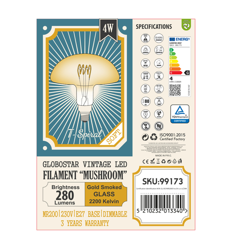 GLOBOSTAR® MUSHROOM 99173 Λάμπα E27 MR200 LED 4W 280lm 360° AC 220-240V IP20 Ultra Θερμό Λευκό 2200K Dimmable - Soft T Spiral Filament Chip - Μελί - Μ20 x Π20 x Υ20cm - 3 Χρόνια Εγγύηση