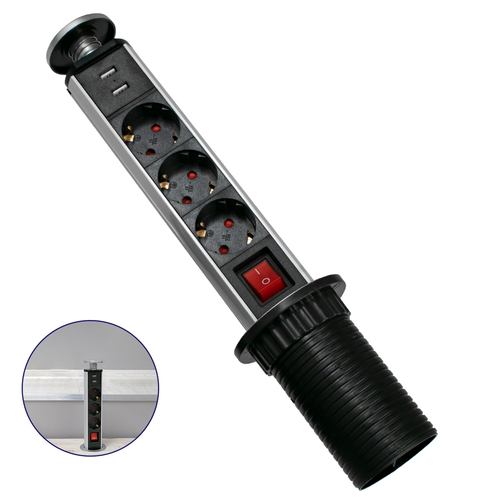 GLOBOSTAR® POWERFOLD 79630 Χωνευτό Πτυσσόμενο Πολύπριζο 5 Θέσεων με 2 x Πρίζες DC 5V USB 3.0 & 3 x EU Schuko Πρίζες Ασφαλείας Childproof AC 220-240V 3000W/13A Max Load με Διακόπτη On/Off IP20 - Μαύρο & Γκρι - Μ8 x Π8 x Υ33cm