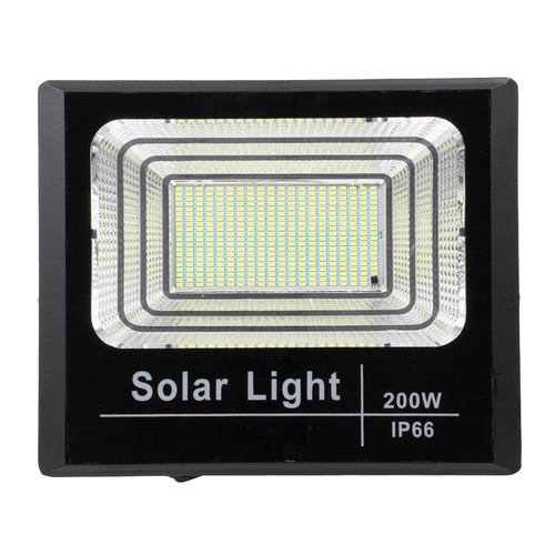 GLOBOSTAR® HERMES 71558 Προβολέας με IR Ασύρματο Χειριστήριο LED 200W 10000lm 120° DC 5V με Φωτοβολταϊκό Panel 5V 20W & Επαναφορτιζόμενη Μπαταρία Li-ion 3.2V 20000mAh Αδιάβροχο IP66 Ψυχρό Λευκό 6000K Dimmable - Sanan SMD Chip - Μαύρο - Μ35 x Π29 x Υ7.5cm - 2 Χρόνια Εγγύηση