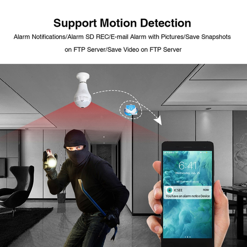 GloboStar® 76073 WIFI 2.4G IP CAMERA 2.0MP 1080P - Έξυπνη Κρυφή IP Κάμερα WiFi 1080P Fish Eye 360° 3W LED σε Σχήμα Λάμπας με Ντουί και Βάση E27 Smart Home