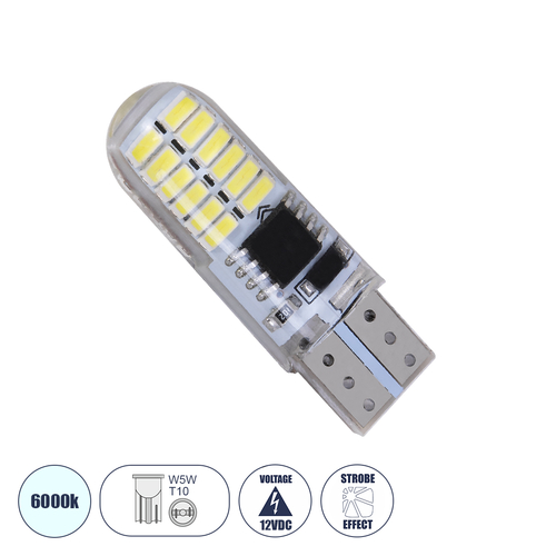 GLOBOSTAR® W5W-T10 81058 Λάμπα W5W T10 LED 1W 192lm 360° DC 12V IP20 Ψυχρό Λευκό 6000K Strobe - 24 x Epistar SMD3014 Chip - Μ1 x Π1 x Υ3.2cm - 1 Χρόνο Εγγύηση