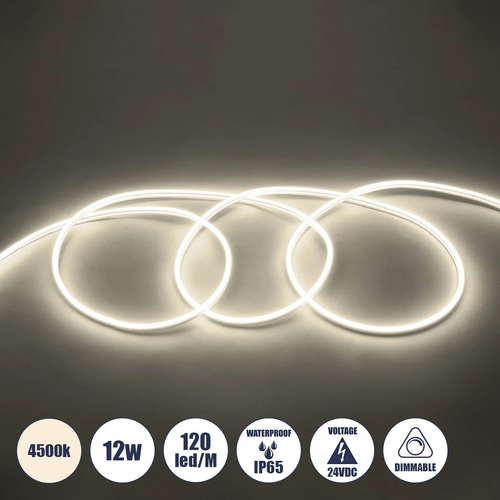 GLOBOSTAR® NEOVALE 70561 Ταινία Neon Flex LED 12W/m 960lm/m 120° DC 24V Αδιάβροχο IP65 120 x SMD2835 Chip/m Φυσικό Λευκό 4500K Dimmable - Μ100 x Π0.8 x Υ1.6cm - 3 Χρόνια Εγγύηση