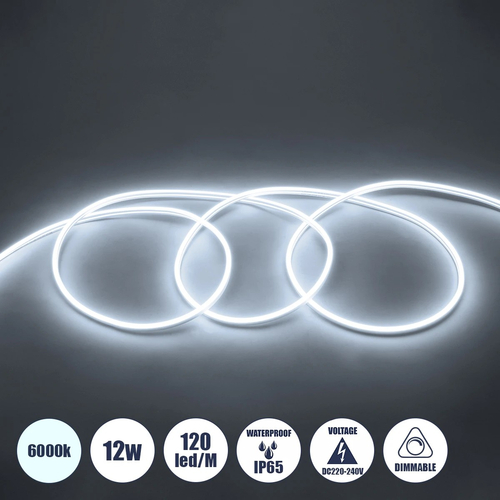 GLOBOSTAR® NEOVALE 70570 Ταινία Neon Flex LED 12W/m 1080lm/m 120° DC 220-240V Αδιάβροχο IP65 120 x SMD2835 Chip/m Ψυχρό Λευκό 6000K Dimmable - Μ100 x Π0.8 x Υ1.6cm - 3 Χρόνια Εγγύηση