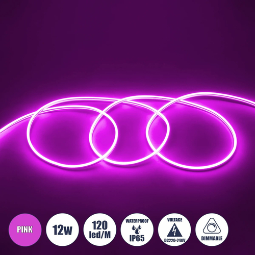 GLOBOSTAR® NEOVALE 70577 Ταινία Neon Flex LED 12W/m 600lm/m 120° DC 220-240V Αδιάβροχο IP65 120 x SMD2835 Chip/m Ροζ Dimmable - Μ100 x Π0.8 x Υ1.6cm - 3 Χρόνια Εγγύηση