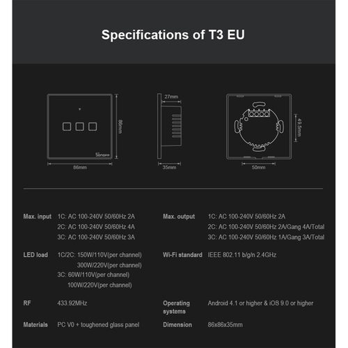 GloboStar® 80018 SONOFF T3EU1C-TX-EU-R2 - Wi-Fi Smart Wall Touch Button Switch 1 Way TX GR Series