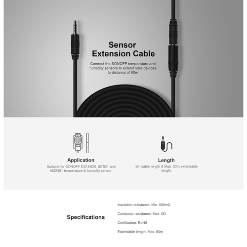 GloboStar® 80038 SONOFF AL560-R2 - 5M Sensor Extension Cable for DS18B20 & Si7021 & MS01 Models