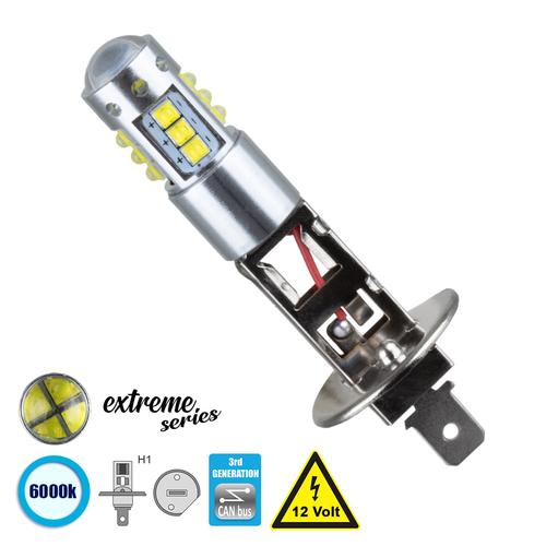 GLOBOSTAR® H1 81433 Λάμπα H1 CANbus LED 15W 1850lm 360° DC 12V IP20 Ψυχρό Λευκό 6000K - 16 x CREE XBD Chip - Μ2.4 x Π2.4 x Υ6.9cm - 1 Χρόνο Εγγύηση