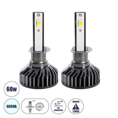 GLOBOSTAR® LEDKITF2 82020 Λάμπα H1 CANbus LED 30W/60W 3500lm/7000lm 360° DC 12-24V Αδιάβροχο IP65 Ψυχρό Λευκό 6000K - CREE COB Chip - Μ4 x Π4 x Υ7cm - Πακέτο 2 Τεμαχίων - 2 Χρόνια Εγγύηση