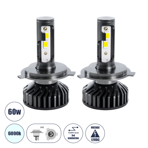 GLOBOSTAR® LEDKITF2 82022 Λάμπα H4 CANbus LED 30W/60W 3500lm/7000lm 360° DC 12-24V Αδιάβροχο IP65 Ψυχρό Λευκό 6000K - CREE COB Chip - Μ4 x Π4 x Υ7cm - Πακέτο 2 Τεμαχίων - 2 Χρόνια Εγγύηση