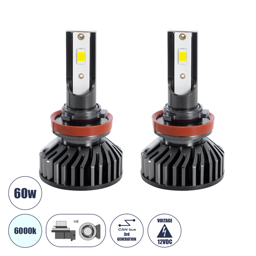 GloboStar® 82024 H8 F2 Line KIT Βασικού Φωτισμού Αυτοκινήτου & Φορτηγού 3rd Generation Can-Bus Series LED CREE CXB COB 30/60W 7000lm DC 12V Αδιάβροχο IP65 Ψυχρό Λευκό 6000K