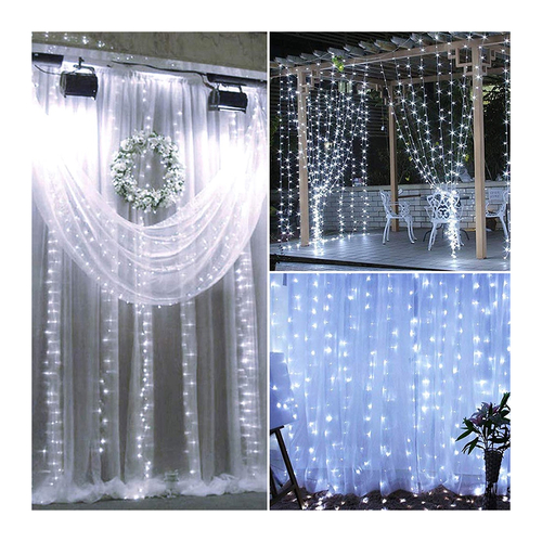 85804 Διακοσμητική Κουρτίνα 3 x 3 Μέτρα με Controller 8 Προγραμμάτων Φωτισμού - Επεκτεινόμενη 300 LED 6W AC 230V με Διάφανο Καλώδιο & Πρίζα Schuko Αδιάβροχη IP44 Ψυχρό Λευκό 6000K Μ3 x Υ3m