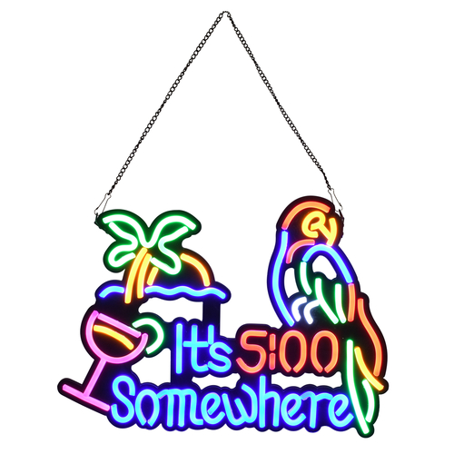 GloboStar® 85854 Φωτιστικό Ταμπέλα Φωτεινή Επιγραφή NEON LED Σήμανσης ITS 5:00 SOMEWHERE PARROT 30W AC 230V με Διακόπτη On/Off Ροζ - Γαλάζιο - Κίτρινο - Πράσινο - Κόκκινο