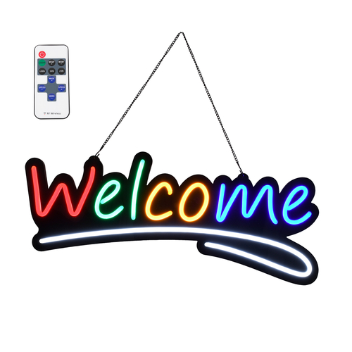 GloboStar® 85861 Φωτιστικό Ταμπέλα Φωτεινή Επιγραφή NEON LED Σήμανσης Animated WELCOME 30W AC 230V με Διακόπτη On/Off και Ασύρματο Χειριστήριο IR Κόκκινο - Πράσινο - Κίτρινο - Μπλε - Λευκό