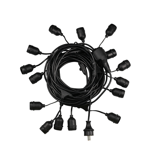 GloboStar® 78983 WIRE GARLAND Καλωδιογιρλάντα PVC 10 Μέτρων με 15 Ντουί E27 με Πρίζα Schuko Επεκτεινόμενη Αδιάβροχη IP65