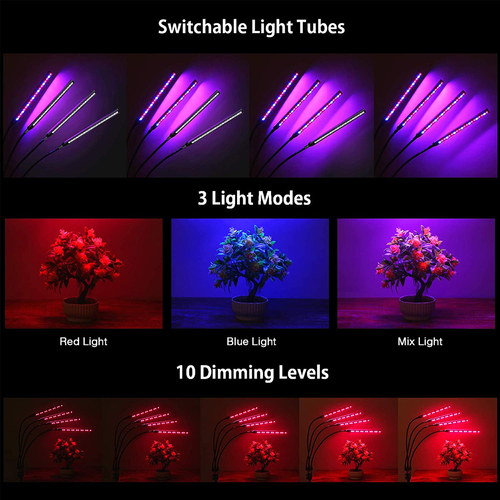 GloboStar® 85957 Grow Light Full Spectrum LED Φωτιστικό Ανάπτυξης Φυτών Γλάστρας με 4 Κινούμενες Κεφαλές & Βάση Μανταλάκι Clip SMD 2835 20W 160° AC230V IP20 με Dimmer & Timer Εσωτερικού Χώρου για Κάλυψη Επιφάνειας 1m x 1m Πλήρους Φάσματος Φωτισμού