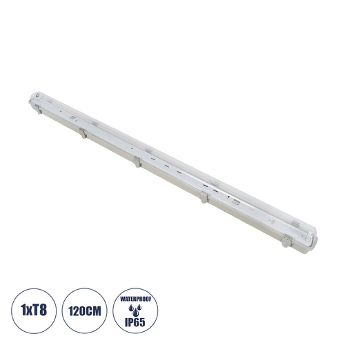 GLOBOSTAR® VIGAS 90612 Γραμμικό Βιομηχανικό Φωτιστικό Σκαφάκι Tri-Proof με Μεταλλικά Clips για 1 x Λάμπα T8 G13 120cm Τύπου Φθορίου LED Τροφοδοσίας Ενός Άκρου 120° AC 220-240V Αδιάβροχο IP65 - Γκρι με Διάφανο Κάλυμμα Πλαστικό PC - Μ126 x Π8 x Υ8.5cm
