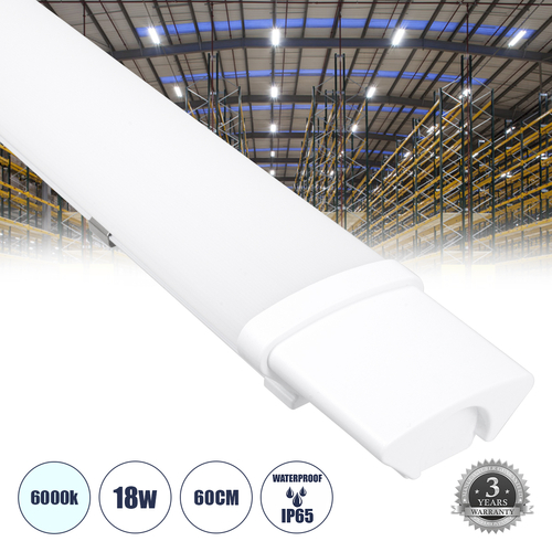 GloboStar® 60161 LED Γραμμικό Βιομηχανικό Φωτιστικό Tri-Proof 60cm 18W 2006lm 120° AC 220-240V Αδιάβροχο IP65 Μ60 x Π6 x Υ4cm Ψυχρό Λευκό 6000K - 3 Χρόνια Εγγύηση
