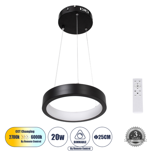 GLOBOSTAR® NEMESIS 61152 Μοντέρνο Κρεμαστό Φωτιστικό Οροφής LED 20W 2356lm 360° AC 220-240V IP20 Ρυθμιζόμενο Λευκό CCT με Χειριστήριο από 2700K έως 6000K Dimmable - Lumileds SMD Chip - Μαυρό Ματ - Μ25 x Π25 x Υ4cm - 3 Χρόνια Εγγύηση