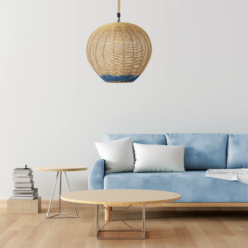 GLOBOSTAR® SIMON 00727 Boho Κρεμαστό Φωτιστικό Οροφής με Ντουί 1 x E27 AC 220-240V IP20 - Μπεζ & Μπλε - Μ50 x Π50 x Y47cm