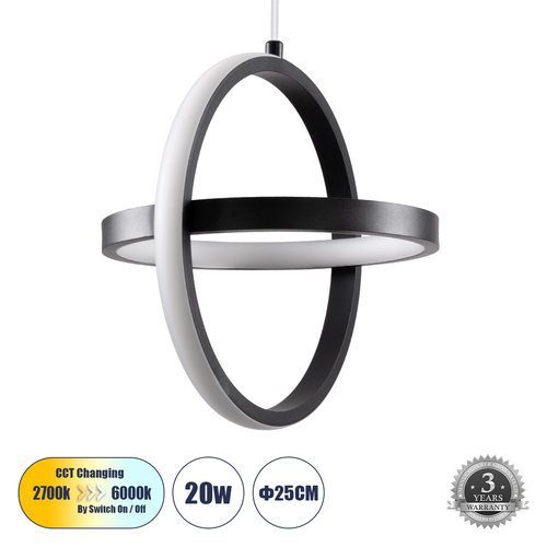 GLOBOSTAR® ALICE 61055 Μοντέρνο Κρεμαστό Φωτιστικό Οροφής LED 20W 2400lm 300° AC 220-240V IP20 Ρυθμιζόμενο Λευκό CCT με On/Off 2700K/4500K/6000K - Lumileds SMD Chip - Μαύρο Ματ - Μ25 x Π22 x Υ25cm - 3 Χρόνια Εγγύηση