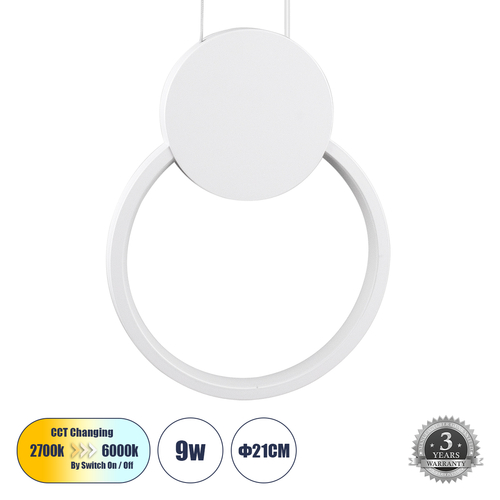 GLOBOSTAR® CYCLOS 61074 Μοντέρνο Κρεμαστό Φωτιστικό Οροφής LED 9W 1080lm 300° AC 220-240V IP20 Ρυθμιζόμενο Λευκό CCT με On/Off 2700K/4500K/6000K - Lumileds SMD Chip - Λευκό Ματ - Μ21 x Π2.3 x Υ26.5cm - 3 Χρόνια Εγγύηση