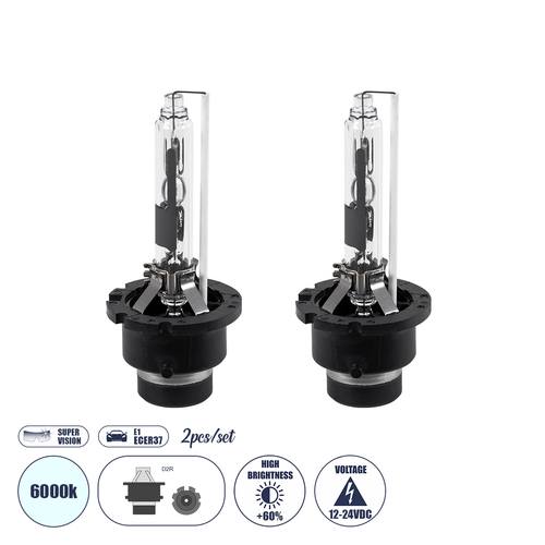 GLOBOSTAR® HID 84033 Λάμπα Xenon D2R Super Vision Υψηλής Φωτεινότητας +60% CANbus E1 ECER37 55W/110W 5000lmΨυχρό Λευκό 6000K - Μ3.2 x Π3.2 x Υ7.5cm - Πακέτο 2 Τεμαχίων - 2 Χρόνια Εγγύηση