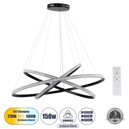 GLOBOSTAR® DIAMOND TRIO 61140-DECO Μοντέρνο Κρεμαστό Φωτιστικό Οροφής LED 150W 18379lm 360° AC 220-240V IP20 Ρυθμιζόμενο Λευκό CCT με Χειριστήριο από 2700K έως 6000K Dimmable - Lumileds SMD Chip - Μαύρο Ματ - Μ100 x Π100 x Υ100cm - 3 Χρόνια Εγγύηση