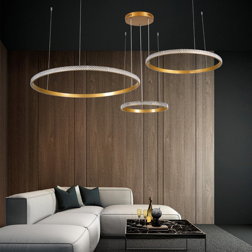 GLOBOSTAR® DIAMOND TRIO 61145 Μοντέρνο Κρεμαστό Φωτιστικό Οροφής LED 120W 14723lm 360° AC 220-240V IP20 Ρυθμιζόμενο Λευκό CCT με Χειριστήριο από 2700K έως 6000K Dimmable - Lumileds SMD Chip - Χρυσό Βούρτσας - Μ150 x Π150 x Υ60cm - 3 Χρόνια Εγγύηση